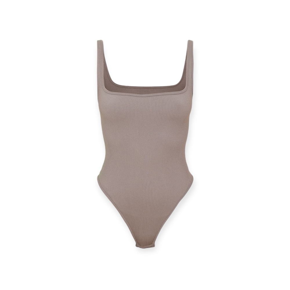 Gunmetal Contour Rib Square Neck Sleeveless Bodysuit